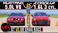 Tiny 3-Cylinder Turbo vs. Massive ‘Murican V8: Toyota GR Corolla vs Ford Mustang GT Drag Race!