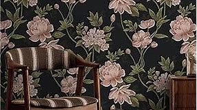 Dimoon 78.7"x16.1" Floral Peel and Stick Wallpaper Black Contact Paper Green Leaf Vintage Waterproof Pink Flowers Plant Self Adhesive Wallpaper for Bedroom Removable Shelf Liner Decal Vinyl Roll