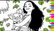 Coloring Moana, Maui, Pua and Hei Hei the Rooster | Disney Moana Coloring Book Pages