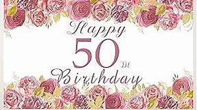 Vlipoeasn Elegant White Happy 50th Birthday Decorations for Women, Rose Gold Flower Photography Backdrop for 50th Birthday Party, Surprise for Mother Cheers to 50 Years Old Birthday Party Supplies