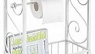 MyGift White Metal Bathroom Table Stand Storage Shelf with Dual Toilet Paper Holder, Magazine Basket and Scrollwork Design