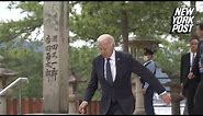 President Biden looks confused, almost tumbles down stairs at G7 summit | New York Post