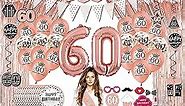 60th birthday decorations for women - (76pack) rose gold party Banner, Pennant, Hanging Swirl, birthday Balloons, Foil Backdrops, cupcake Topper, plates, Photo Props, Birthday Sash for gifts women