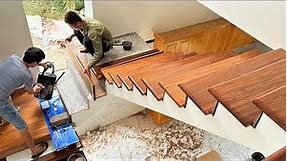 How To Building Wooden Stair Railing // Wood Worker Install Wooden Stair Handrail In The New House