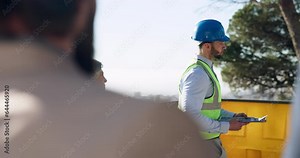 Architecture, building presentation and business people for real estate, inspection and renovation. Construction, engineering and contractor talk to investor group for property development purchase