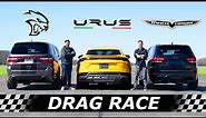 Dodge Durango Hellcat vs Lamborghini Urus vs Jeep Trackhawk // DRAG & ROLL RACE