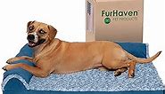 Furhaven Cooling Gel Dog Bed for Large/Medium Dogs w/ Removable Bolsters & Washable Cover, For Dogs Up to 55 lbs - Two-Tone Plush Faux Fur & Suede L Shaped Chaise - Marine Blue, Large