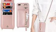 iPhone 7 Plus/8 Plus Case with Card Holder for Women, iPhone 7 Plus/8 Plus Phone Case Wallet with Strap Credit Card Slots Crossbody with Kickstand Zipper Case - Rose Gold