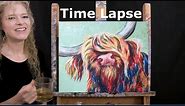 TIME LAPSE - How to Paint Abstract COLORFUL HIGHLAND COW with Acrylic - Fun Step by Step Tutorial
