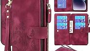 Lacass Compatible with iPhone 14 Plus 6.7 inch Case [ Card Slots] ID Credit Cash Holder Zipper Pocket Detachable Magnet Leather Wallet Cover with Wrist Strap Lanyard(Floral Wine Red)