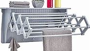 Danya B Accordion Clothes Drying Rack, Retractable, Wall Mounted Towel Rack and Hooks for Clothes and Towels for use in Laundry Room or Garage (Grey)