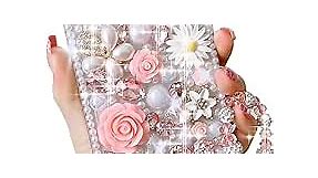 for iPhone 15 Plus Glitter Bling Case, Cute Luxury 3D Crystal Rhinestone Diamond Sparkle Shiny Gems Flower Pearl with Lanyard Wrist Strap Women Girls Case for iPhone 15 Plus 6.7 inch (Pink)