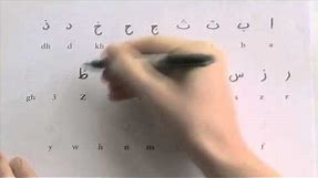 Student learning to write the Arabic alphabet (incl. worksheet)