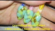 Camouflage Acrylic Nailart + Mint Green + Neon Yellow + Glitter