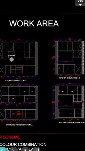 Modular kitchen, work area design 2d drawing, elevation, section