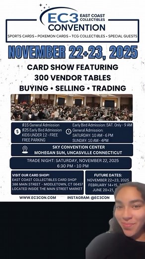 Treasure - Find Conventions Near You on Instagram: "🚨 EC3 CON IS BACK! 🚨 Come by EC3 on November 22 + 23, 2025! 🔥 Over 300 vendor tables 🔥 Sports cards • Pokémon cards • TCG collectibles 🔥 Special guests & more Lock your tickets in today!"
