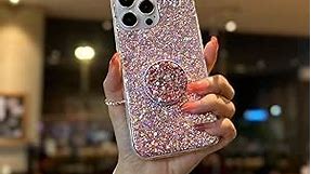 MUYEFW Case for iPhone 15 Case Glitter Bling for Women Girls Sparkle Cover with Ring Stand Holder Cute Protective Phone Cases 6.1 inch (Pink)