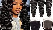 Loose Wave Human Hair Bundles With 4X4 Lace Closure Free Part (24 26 28+22) Inch Loose Deep Wave Hair 3 Bundles with Closure Loose Wavy Human Hair Weave Bundles 100% Unprocessed Human Hair Extensions