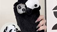 for Samsung A03 Furry Phone Case, Cute Lazy Panda Soft Lovely Cartoon Animal Doll Fluffy Hairy Fur Plush Phone Case Heart Shaped Love Pattern