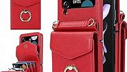 Asuwish Phone Case for Samsung Galaxy Z Flip 3 5G 2021 Wallet Cover with RFID Blocking Ring Crossbody Wrist Strap Stand Credit Card Holder Leather TPU Cell Accessories ZFlip3 Z3 Flip3 3Z Women Men Red