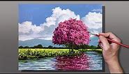 Acrylic Painting Cherry Blossom River Reflection