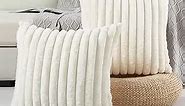 FUTEI Cream White Striped Decorative Throw Pillow Covers 18x18 Inch Set of 2,Square Spring Decorations Couch Pillow Case,Soft Cozy Faux Rabbit Fur & Velvet Back,Modern Home Decor for Bed