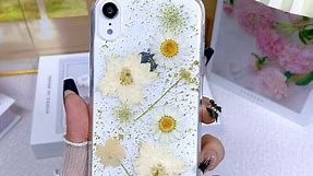 CEOKOK for iPhone XR Case Clear with Real Pressed Flowers Design Glitter Cute Sparkly Floral Pattern Slim Soft TPU Protective Women Girl's Phone Cover (Gold)