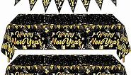 durony 2024 Happy New Year Party Table Decorations, 2 Pack Happy New Year Plastic Tablecloths Black and Gold New Year Table Cover, 33 Feet Happy New Year Flag Banner for Happy New Year Party Supplies