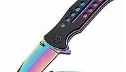 Spring Assisted Folding Pocket Knife – Rainbow TiNite Coated Drop Point Blade and Liner, Black Aluminum Handle w/ Rope Cutter, Glass Punch, and Clip, Tactical, EDC, Rescue - TF-509 4.75 inch