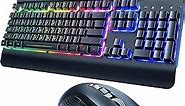 Wired Gaming Keyboard and Mouse Combo, 104 Keys All-Metal Panel Rainbow Computer Keyboard with Multimedia Keys Wrist Rest and LED Backlit Gaming Mouse 4200 DPI for Windows PC Gamers (Black)