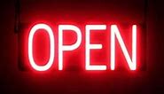 SpellBrite Battery Operated OPEN Sign. LED Open Signs for Business Have Neon Open Sign Look and LED Light Source, Come with Battery Pack and 8 Animations (Blinking, Flashing, and more), Red, 17 in.