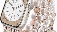 V-MORO Pearl Bracelet Compatible with Apple Watch Band 41/40/38mm Stretchy Dressy Cute Rose Gold iPhone Watch Bands Women Handmade Fashion Jewerly Straps for iWatch Bands Series 9 8 7 6 5 4 3 2 1 SE