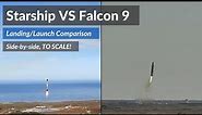 Starship vs Falcon 9 | Launch/landing | Side-by-side comparison, TO SCALE!