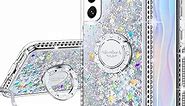 Silverback for Galaxy S21 FE 5G Case, Moving Liquid Holographic Sparkle Glitter Case with Kickstand, Bling Diamond Bumper Ring Slim Samsung S21 Fe Case for Girls Women - Clear Silver