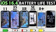 iOS 16.4 BATTERY LIFE TEST - iPhone 11 vs XS Max vs XR vs SE 2020 vs 8 Plus Battery DRAIN TEST