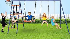 Veeboto 550lbs Swing Set for Kids, 5-in-1 Multifunctional Swing Seat with Saucer Swing, Belt Swing, Disc Swing & 2x Climbing Ladder, Heavy Duty Rustproof A-Frame Metal Outdoor Swing Set for Backyard