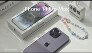 iPhone 14 Pro Max ( deep purple ) unboxing  with MagSafe Leather Case, accessories & camera test 📦