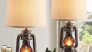 RORIANO Farmhouse Lantern Table Lamps for Living Room Set of 2, Vintage Bedroom Resin Lamp with Dual USB Charging Ports, Rustic Retro Bedside Nightstand Desk Lamp, Linen Fabric Shade, 4 Bulb Included
