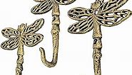 Zeckos Set of 3 Cast Iron Dragonfly Wall Hooks - Antique Gold Finish, Easy Install - Nature-Inspired Decorative Hooks for a Whimsical Touch in Your Decor Space
