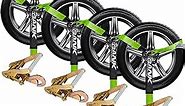 Car Tie Down Straps for Trailers- 4 Pack 2"x96" with Tire Strap 3,300lb Safe Working Load - Adjustable Straps with Snap Hooks (Green)