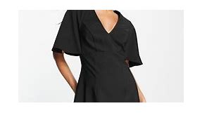 ASOS DESIGN v neck mini dress with fluted sleeve in black | ASOS