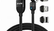 Statik 360 Rotating Magnetic Charging Cable - USB to USB C Cable, Micro-USB, Magnetic iPhone Charger, 3-in-1 Tip Adapters, Magnetic Phone Charger with LED Light, 90 Degree Right Angle, Black, 6FT/2M