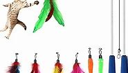 Cat Toys Feathers Wand, Interactive Cat Toy Kitten Toys 2 Retractable Cat Wand Toy and 7 Feather Teaser Refills with bells, Telescopic Cat Fishing Pole Toy for Indoor Bored Cats Gifts Exercise Pack