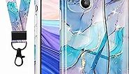 (2in1 Blue Marble Case with Strap for iPhone 13 6.1 Inch Cute Aesthetic Marble Design Loopy Girly Women Cases Marble Hand Strap Girls Handle Finger Loop Phone Case+Lanyard for iPhone 13