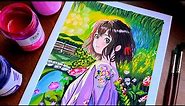 Gouache Anime Girl in Rain Painting 🎨|| Cozy art video