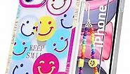 [3 in 1] Cute Smiley Face Case for iPhone 12 Mini with Screen Protector+ Preppy Beaded Phone Charm, Soft TPU Clear Aesthetic Protective Cover Happy Smile Face Design for Girl Women
