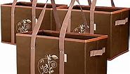 3pc, Large Reusable Sturdy Heavy Duty Grocery Box Bags, Foldable Shopping Cart Basket, Carrier Tote with Long Handles and Hard Bottom, Brown