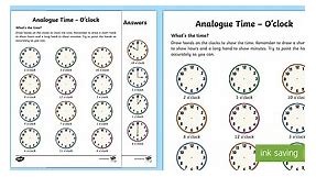 Analogue Time-O'Clock Worksheet