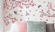 MIYALIONE Cherry Blossom Flower Vine Wall Decals Pink Floral Tree Branch Birds Wall Stickers Living Room Bedroom Office Wall Décor