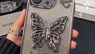YWYUHE Butterfly Phone Case Compatible with iPhone 13/14, Luxury Glitter Cute 3D Hollow Clear Silver Electroplate Butterfly Phone Cover with Hold Stand